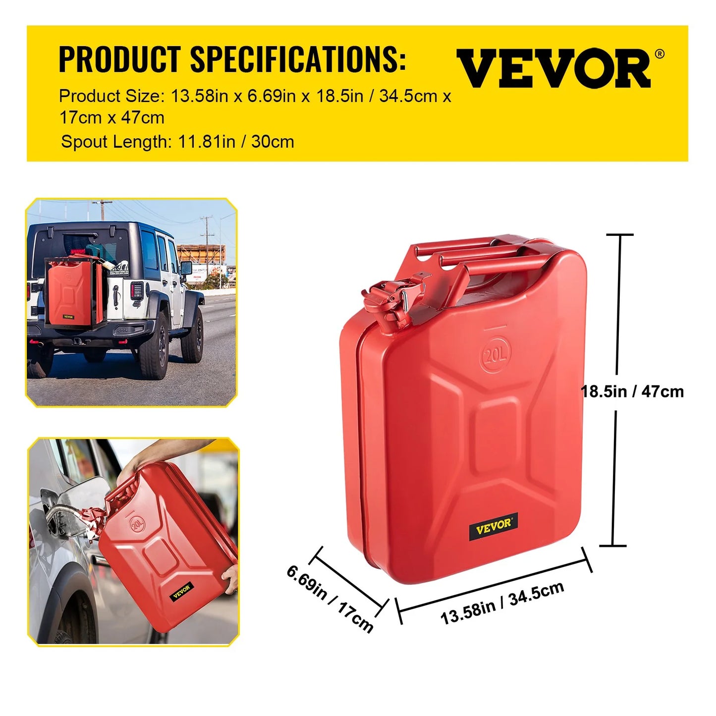 VEVOR 5.3 Gallon (20 L) Portable Jerry Fuel Can with Flexible Spout System - Rustproof and Heat-Resistant Steel Tank for Vehicles and Equipment, Red