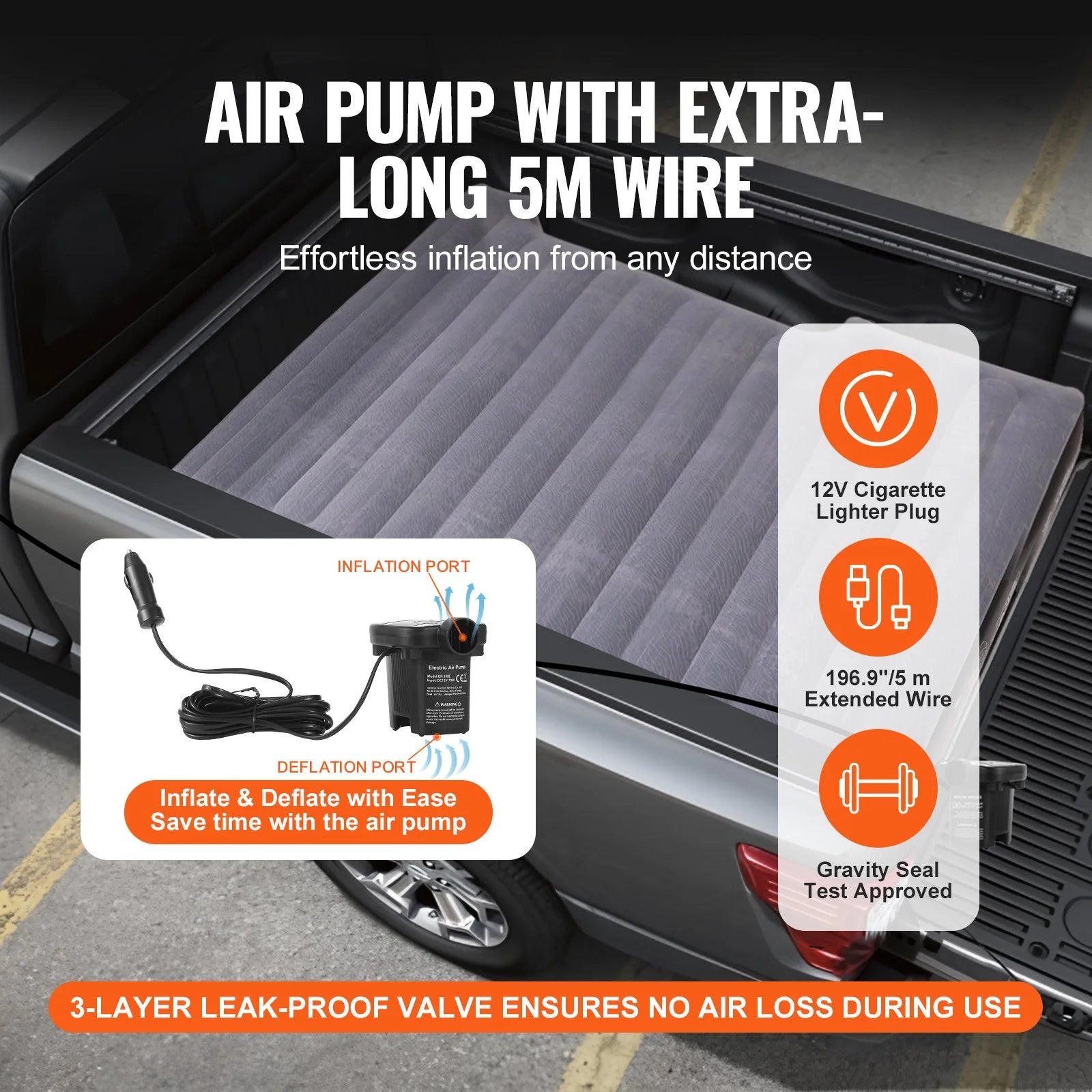 VEVOR Inflatable Air Mattress for Full-Size Short Truck Beds (5.5-5.8 Ft) with 12V Air Pump, Two Pillows, and Carry Bag - Compatible with Silverado, RAM, F Series, Sierra, Titan, and Tundra