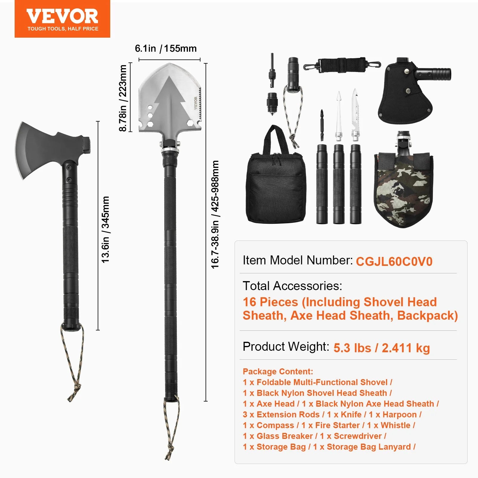 16-in-1 Folding Survival Shovel and Axe for Camping and Outdoor Use