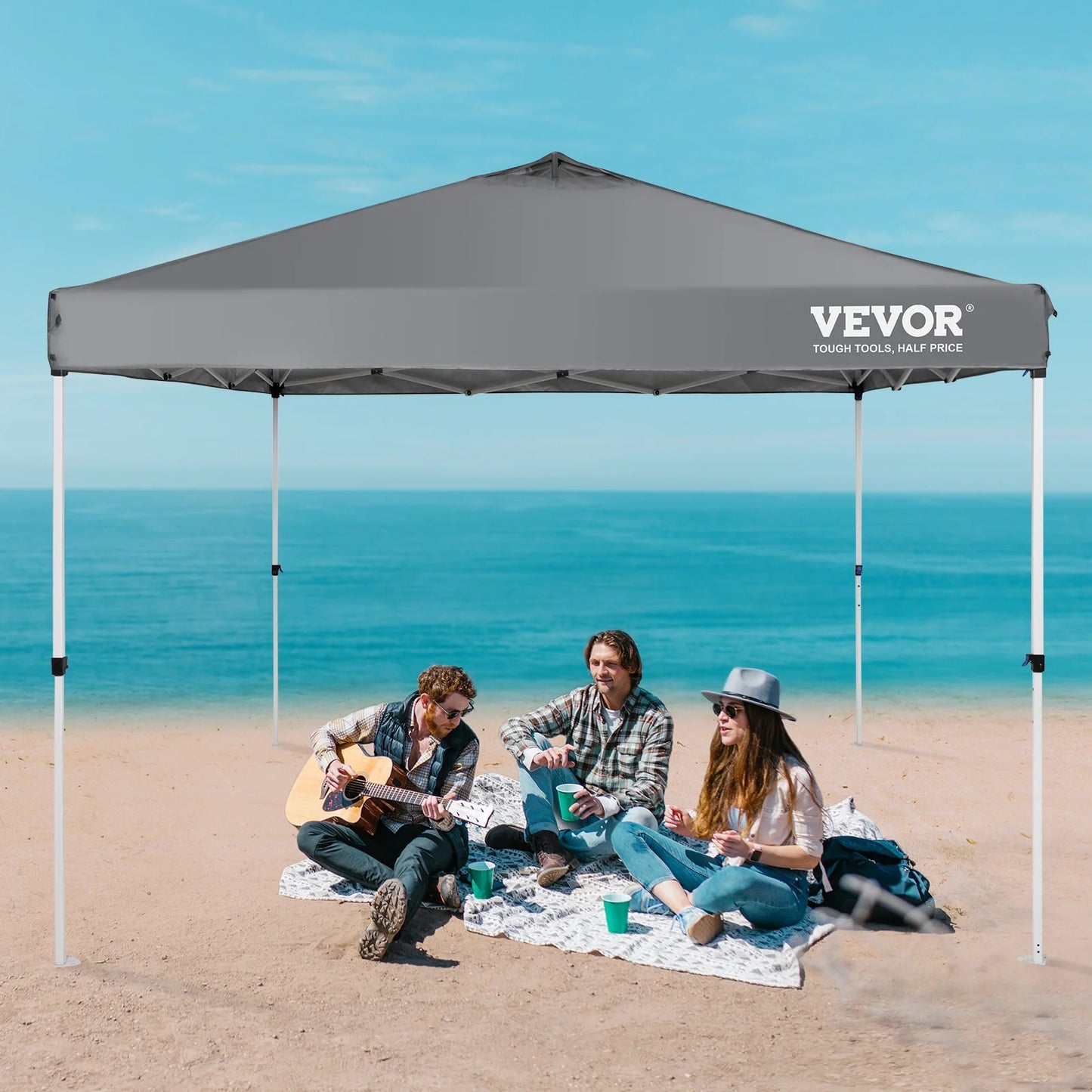 VEVOR Pop up Canopy Tent, 10 X 10 Ft, 250 D PU Silver Coated Tarp, with Portable Roller Bag and 4 Sandbags, Waterproof and Sun Shelter Gazebo for Outdoor Party, Camping, Commercial Events, Dark Gray