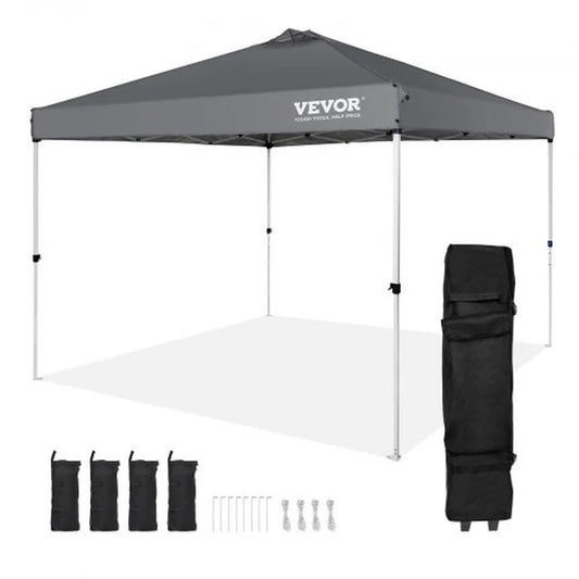 VEVOR Pop up Canopy Tent, 10 X 10 Ft, 250 D PU Silver Coated Tarp, with Portable Roller Bag and 4 Sandbags, Waterproof and Sun Shelter Gazebo for Outdoor Party, Camping, Commercial Events, Dark Gray