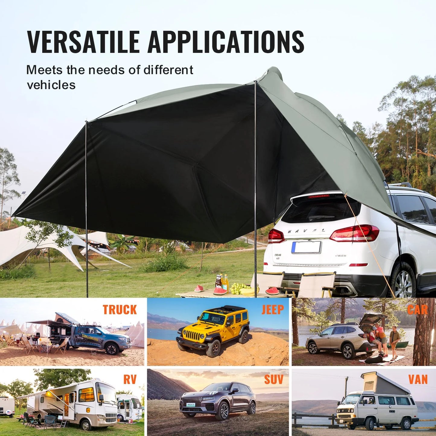 VEVOR Vehicle Awning, Large 10' X 7' Shade Coverage Car Side Awning, Pu2000Mm UV50+ Car Awning with Extended Side Canopies and Portable Storage Bag, Suitable for Truck, SUV, Van, Campers