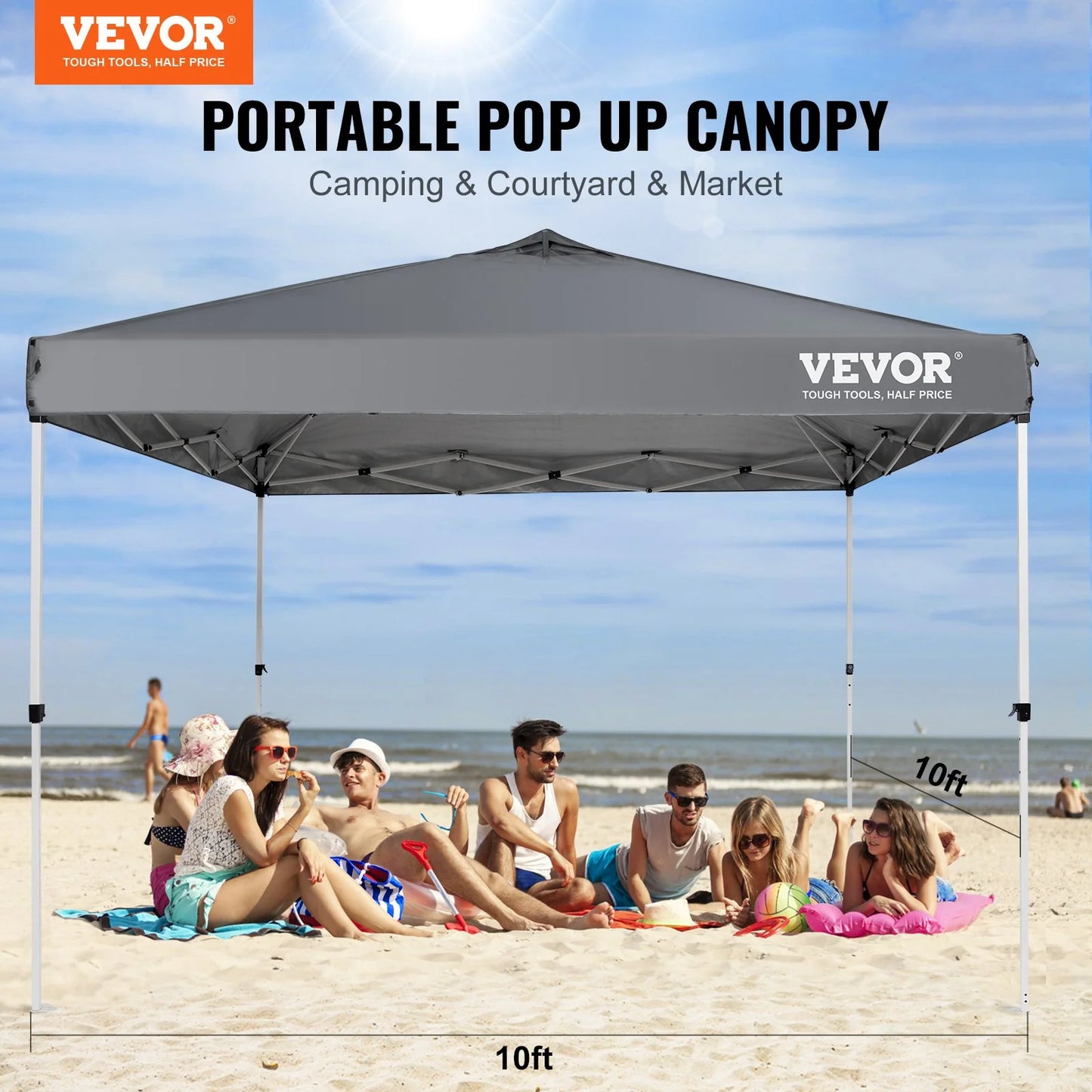 VEVOR Pop up Canopy Tent, 10 X 10 Ft, 250 D PU Silver Coated Tarp, with Portable Roller Bag and 4 Sandbags, Waterproof and Sun Shelter Gazebo for Outdoor Party, Camping, Commercial Events, Dark Gray