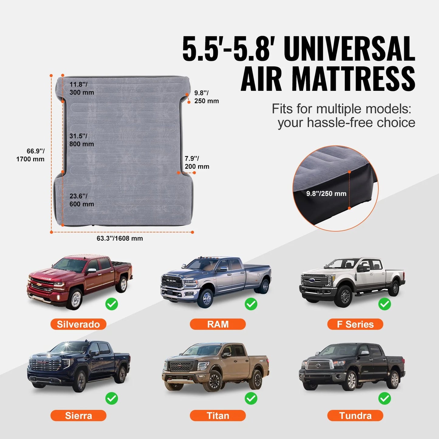 VEVOR Inflatable Air Mattress for Full-Size Short Truck Beds (5.5-5.8 Ft) with 12V Air Pump, Two Pillows, and Carry Bag - Compatible with Silverado, RAM, F Series, Sierra, Titan, and Tundra