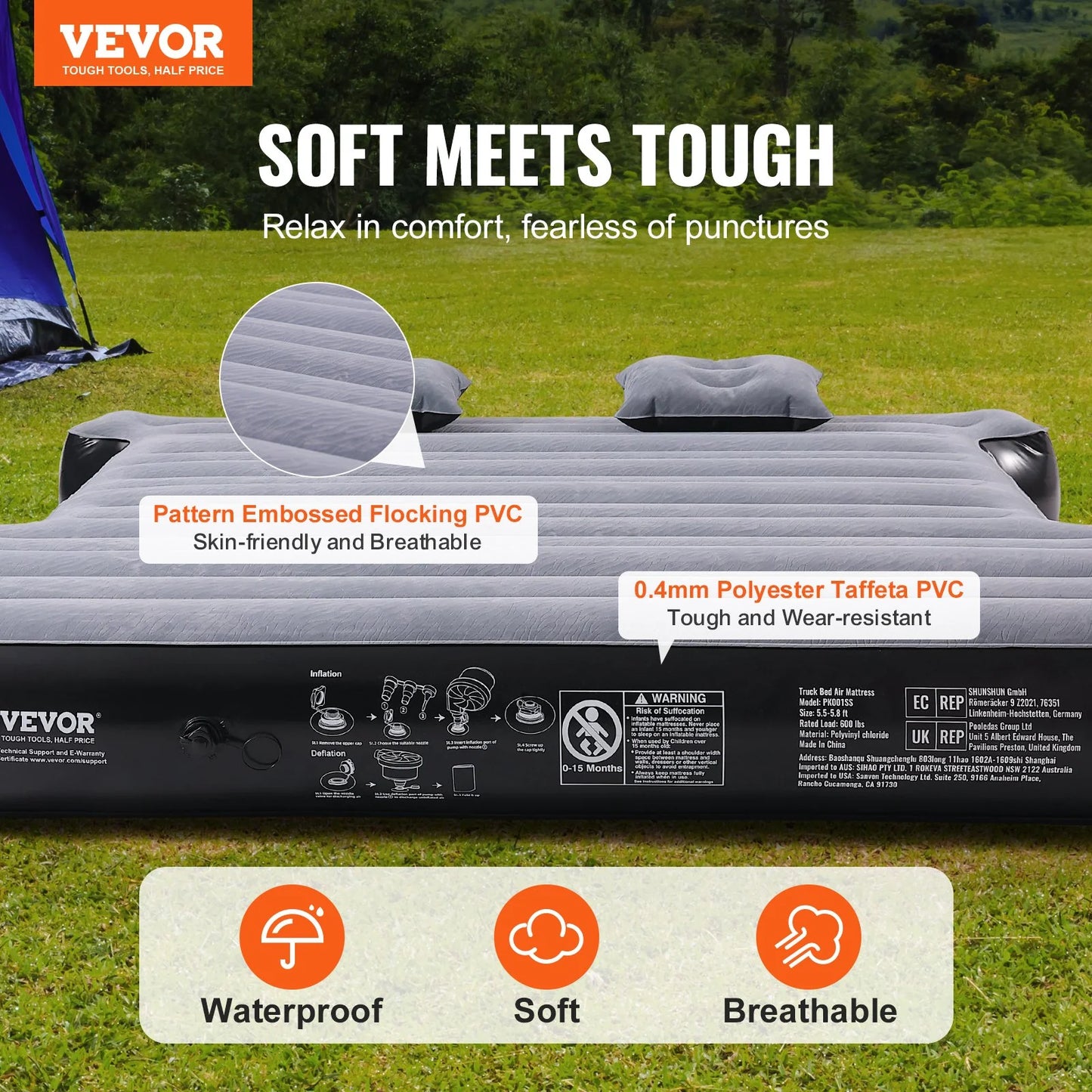 VEVOR Inflatable Air Mattress for Full-Size Short Truck Beds (5.5-5.8 Ft) with 12V Air Pump, Two Pillows, and Carry Bag - Compatible with Silverado, RAM, F Series, Sierra, Titan, and Tundra