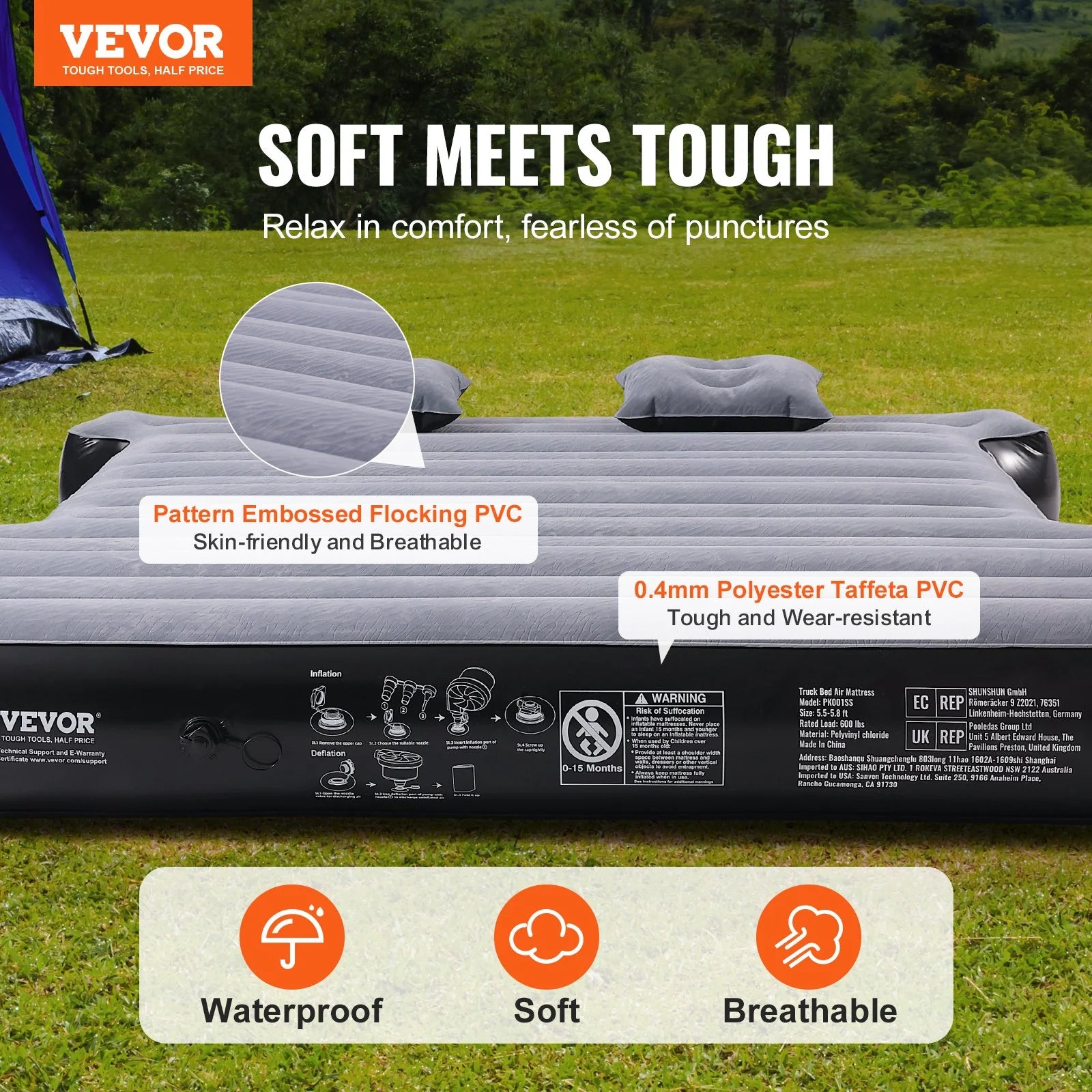 VEVOR Inflatable Air Mattress for Full-Size Short Truck Beds (5.5-5.8 Ft) with 12V Air Pump, Two Pillows, and Carry Bag - Compatible with Silverado, RAM, F Series, Sierra, Titan, and Tundra